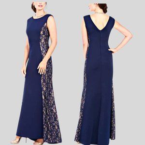 Jessica Howard | Navy Full Length Sheath Sequined Lace Illusion Sides Scuba Gown